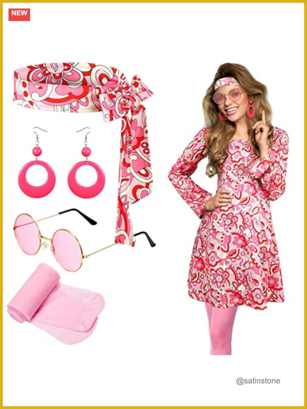 Hippie Costume Set 5 Pc: Top Stockings Headband Earrings Glasses, 95% Polyester